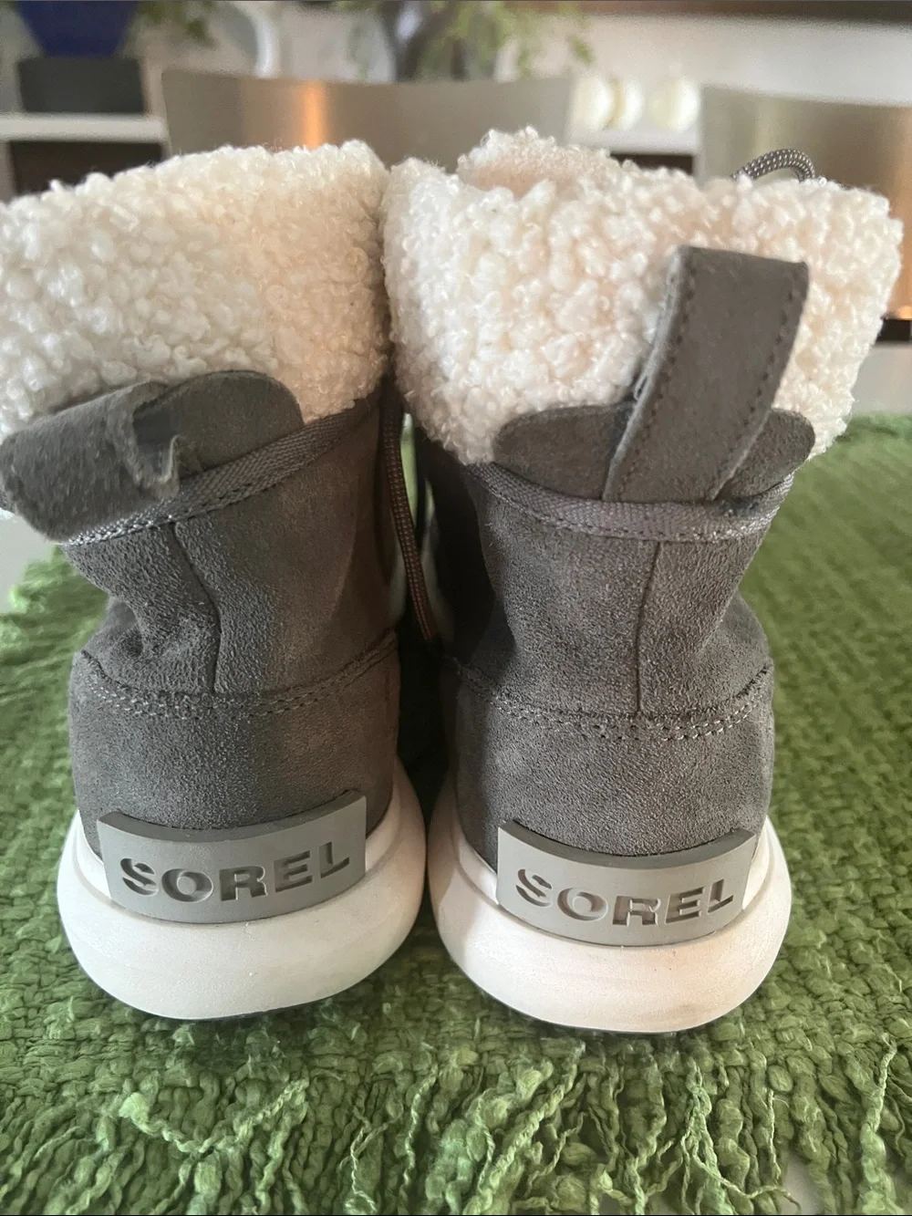 Sorel Gray Suede Winter Lace-Up Boots with Cream Sherpa Collar